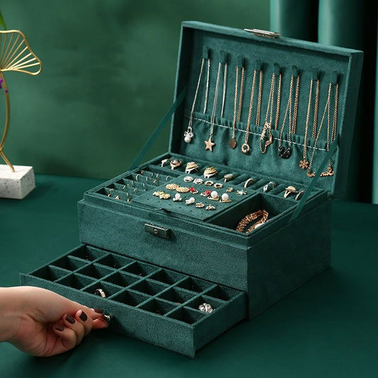 Velvet Jewelry Box with Lock - 3 Layers - Large Jewelry Organizer for Women - With Drawers & Compartments - V1189-HB003WSRH00035