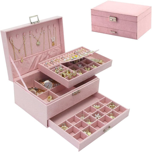 Velvet Jewelry Box with Lock - 3 Layers - Large Jewelry Organizer for Women - With Drawers & Compartments - V1189-HB003WSRH00036