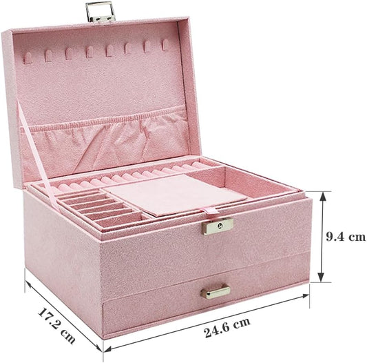 Velvet Jewelry Box with Lock - 3 Layers - Large Jewelry Organizer for Women - With Drawers & Compartments - V1189-HB003WSRH00036