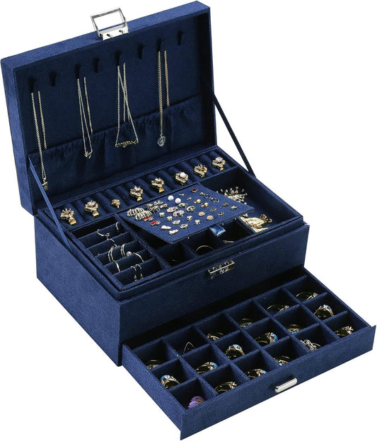Velvet Jewelry Box with Lock - 3 Layers - Large Jewelry Organizer for Women - With Drawers & Compartments - V1189-HB003WSRH00037