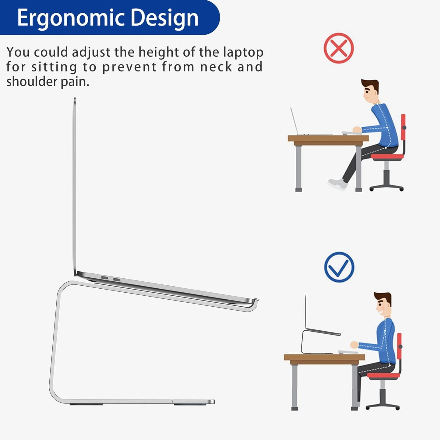 Ergonomic Aluminum Laptop Stand - Removable & Height Adjustable - Suitable for 10-14 inch Notebooks - Gray V1189-HB003WSRI00009