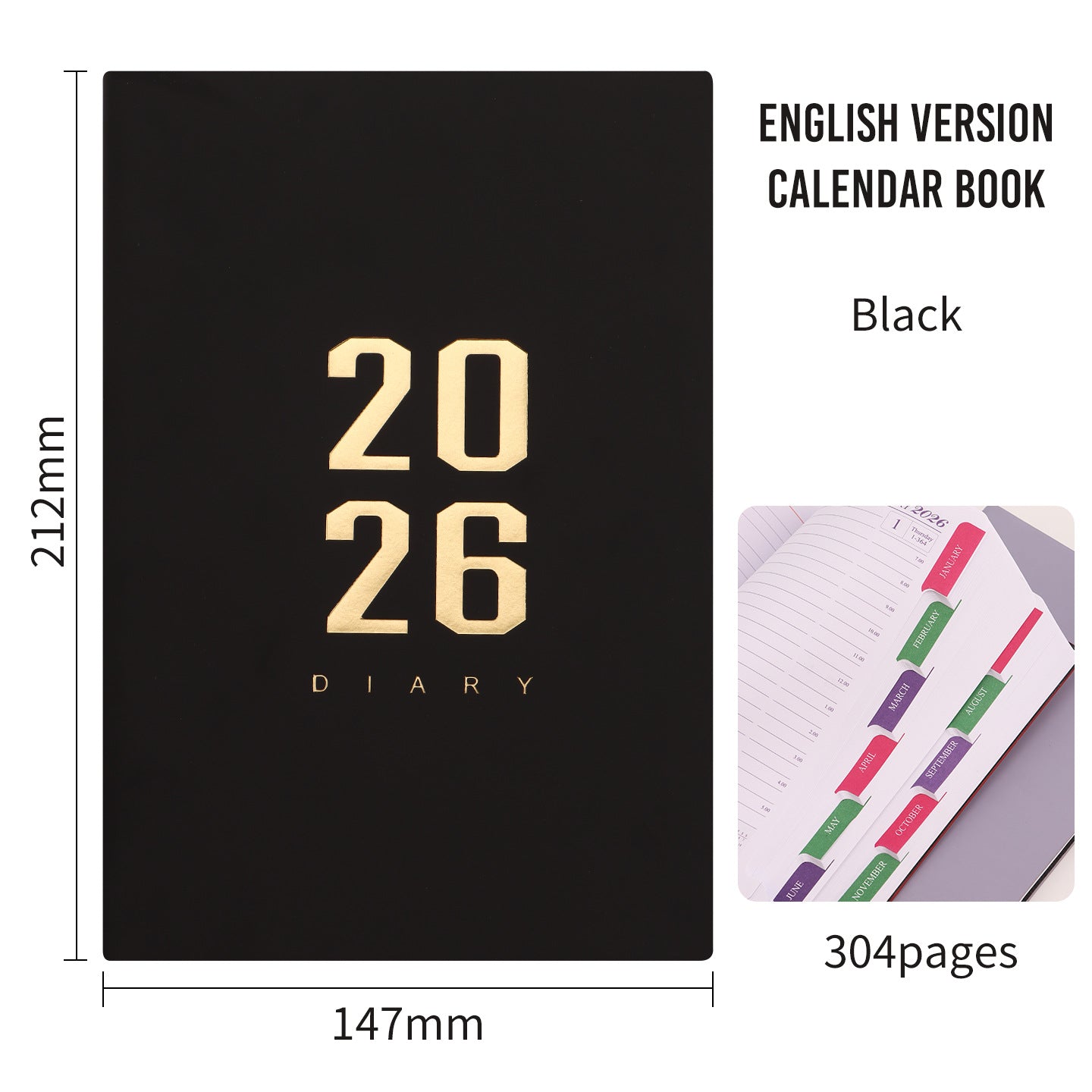 Agenda 2026 - Daily Agenda - A5 Format - 1 Day per Page - 304 Pages - [Black] - Hardcover V1189-HB003WSRI00010