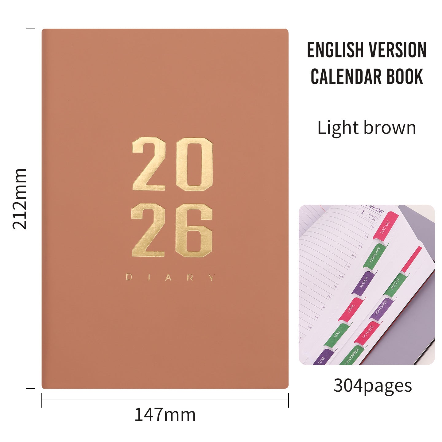Agenda 2026 - Daily Agenda - A5 Format - 1 Day per Page - 304 Pages - [Light Brown] - Hardcover V1189-HB003WSRI00012