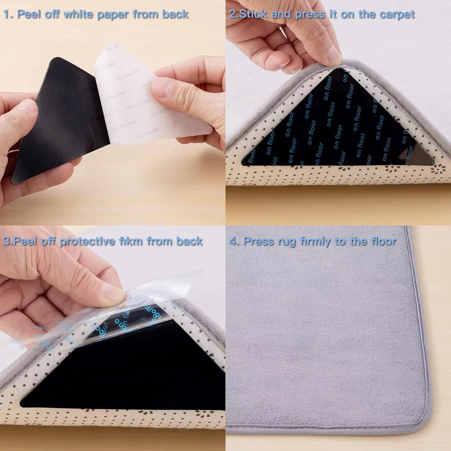 Rug Stoppers - Set of 4 - Anti-Slip for Carpet - Washable & Reusable - Triangular Black V1189-HB003WSRT00015
