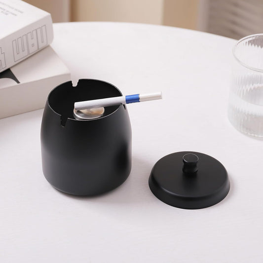 Stainless Steel Ashtray with Lid - Black - 8 cm - Wind Ashtray for Outdoor & Indoor Use - Storm Ashtray V1189-HB003WSRT00049