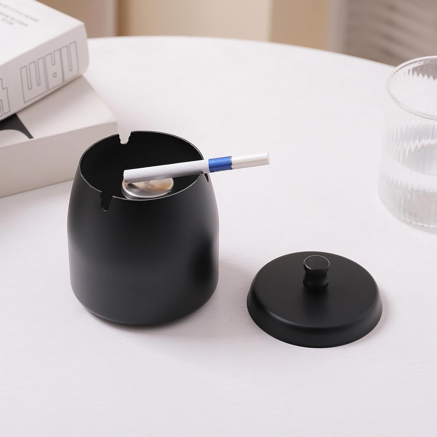 Stainless Steel Ashtray with Lid - Black - 9 cm - Wind Ashtray for Outdoor & Indoor Use - Storm Ashtray V1189-HB003WSRT00050