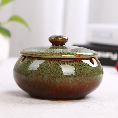 Ceramic Ashtray with Lid - Retro Green/Brown - Wind Ashtray for Outdoor & Indoor Use - Glazed Earthenware V1189-HB003WSRT00055
