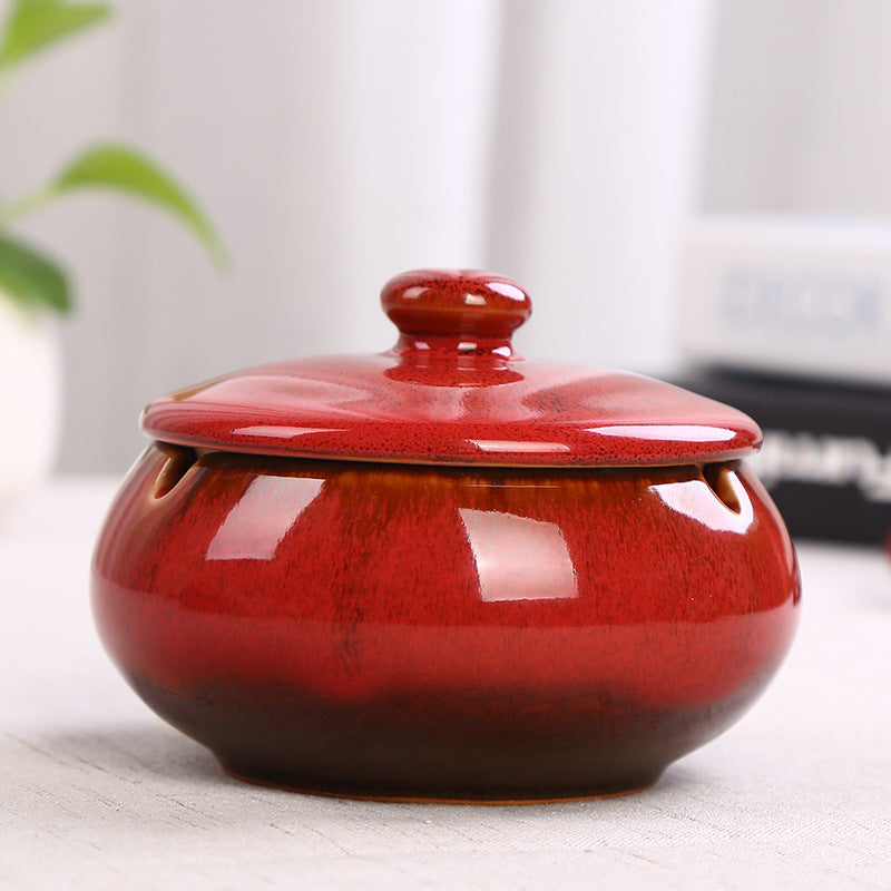 Ceramic Ashtray with Lid - Red - Wind Ashtray for Outdoor & Indoor Use - Glazed Earthenware V1189-HB003WSRT00057