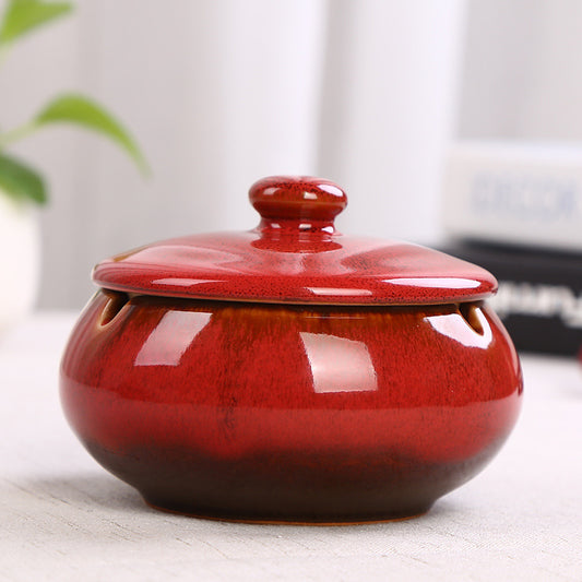 Ceramic Ashtray with Lid - Red - Wind Ashtray for Outdoor & Indoor Use - Glazed Earthenware V1189-HB003WSRT00057