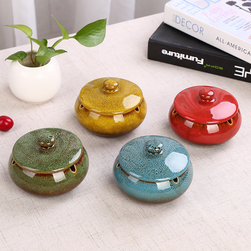 Ceramic Ashtray with Lid - Red - Wind Ashtray for Outdoor & Indoor Use - Glazed Earthenware V1189-HB003WSRT00057