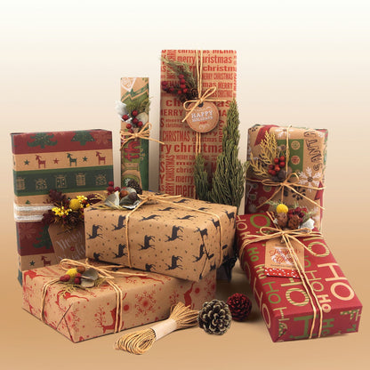 Christmas Wrapping Paper - 6 Sheets - Retro & Vintage Design - Complete Set with 2x Rope, Tape & Stickers - V1189-HB003WSRY00001