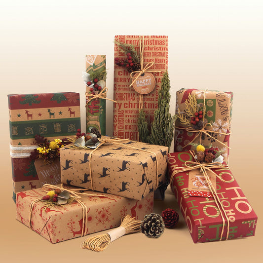 Christmas Wrapping Paper - 6 Sheets - Retro & Vintage Design - Complete Set with 2x Rope, Tape & Stickers - V1189-HB003WSRY00001