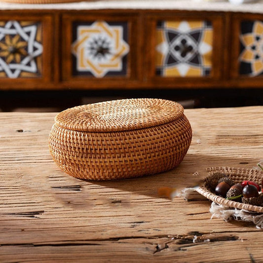 Tea Box - Rattan Storage Box - Hand-woven Storage Box with Lid - Multifunctional Desk Storage Basket - V1189-HB003ZSST00005