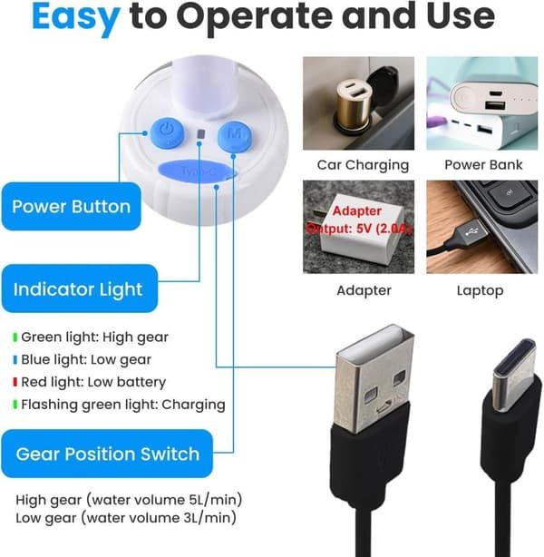 Portable Camping Shower with USB Rechargeable Electric Pump, Digital Display, Multiple Spray Modes, Outdoor Shower Kit