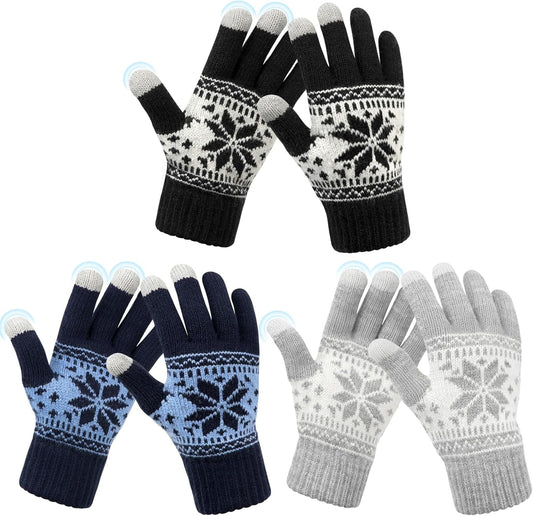 3 Pairs Touch Screen Gloves with Snow Flower Pattern, Warm Knit Winter Gloves Christmas Gifts Stocking V1189-LWWAL-20260325-00024