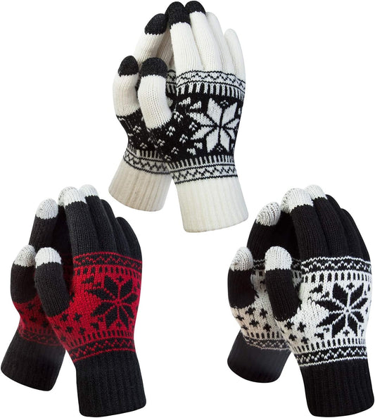 3 Pairs Touch Screen Gloves with Snow Flower Pattern, Warm Knit Winter Gloves Christmas Gifts Stocking V1189-LWWAL-20260325-00025