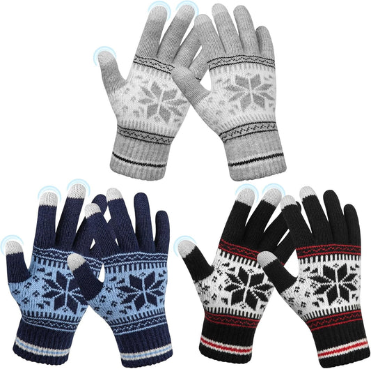 3 Pairs Touch Screen Gloves with Snow Flower Pattern, Warm Knit Winter Gloves Christmas Gifts Stocking V1189-LWWAL-20260325-00026