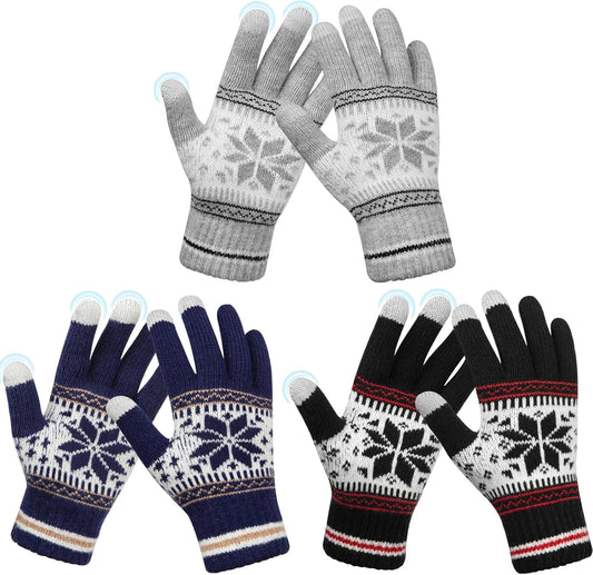 3 Pairs Touch Screen Gloves with Snow Flower Pattern, Warm Knit Winter Gloves Christmas Gifts Stocking V1189-LWWAL-20260325-00027