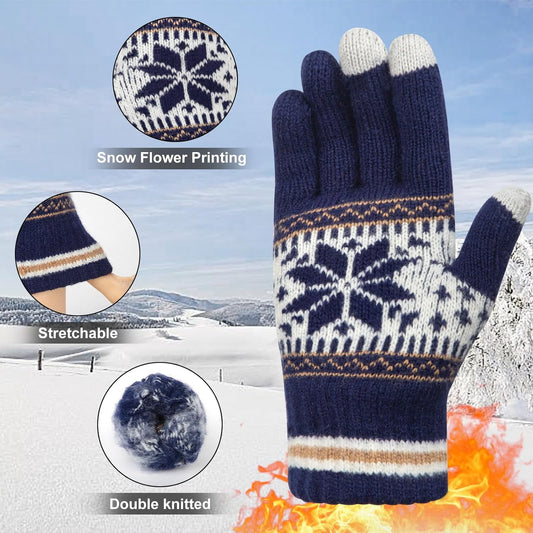 3 Pairs Touch Screen Gloves with Snow Flower Pattern, Warm Knit Winter Gloves Christmas Gifts Stocking V1189-LWWAL-20260325-00027