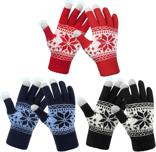 3 Pairs Touch Screen Gloves with Snow Flower Pattern, Warm Knit Winter Gloves Christmas Gifts Stocking V1189-LWWAL-20260325-00028