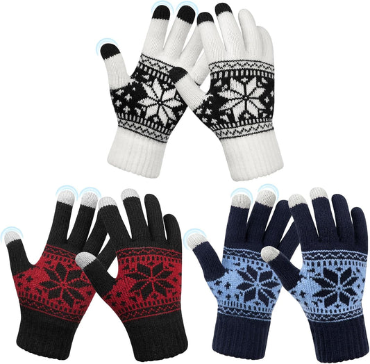 3 Pairs Touch Screen Gloves with Snow Flower Pattern, Warm Knit Winter Gloves Christmas Gifts Stocking V1189-LWWAL-20260325-00029