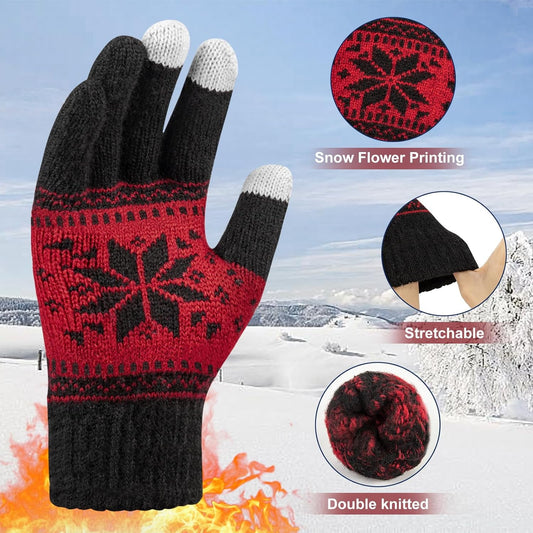 3 Pairs Touch Screen Gloves with Snow Flower Pattern, Warm Knit Winter Gloves Christmas Gifts Stocking V1189-LWWAL-20260325-00029