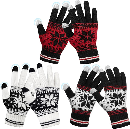 3 Pairs Touch Screen Gloves with Snow Flower Pattern, Warm Knit Winter Gloves Christmas Gifts Stocking V1189-LWWAL-20260325-00030