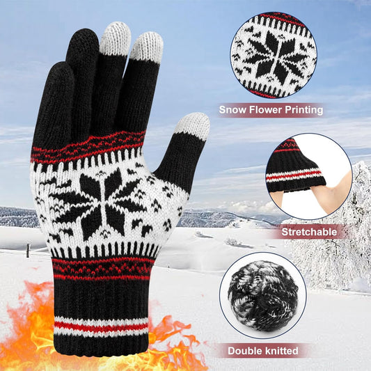 3 Pairs Touch Screen Gloves with Snow Flower Pattern, Warm Knit Winter Gloves Christmas Gifts Stocking V1189-LWWAL-20260325-00030