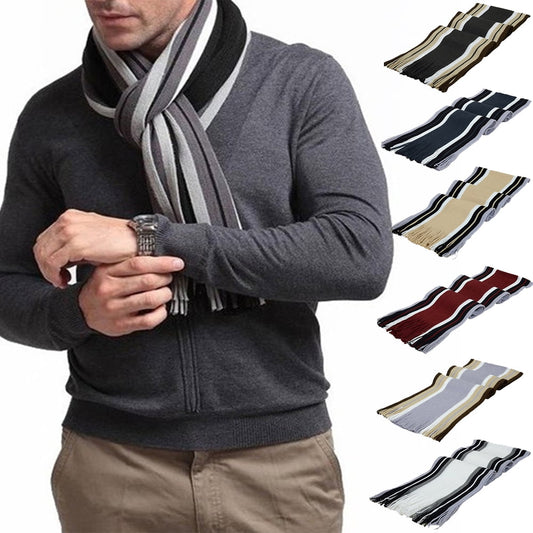 Men's Winter Scarf - Classic Striped Tassel Edge Soft Warm Scarf, Woolen Yarn Knitted Scarf Light Grey V1189-LWWAL-20260325-00055