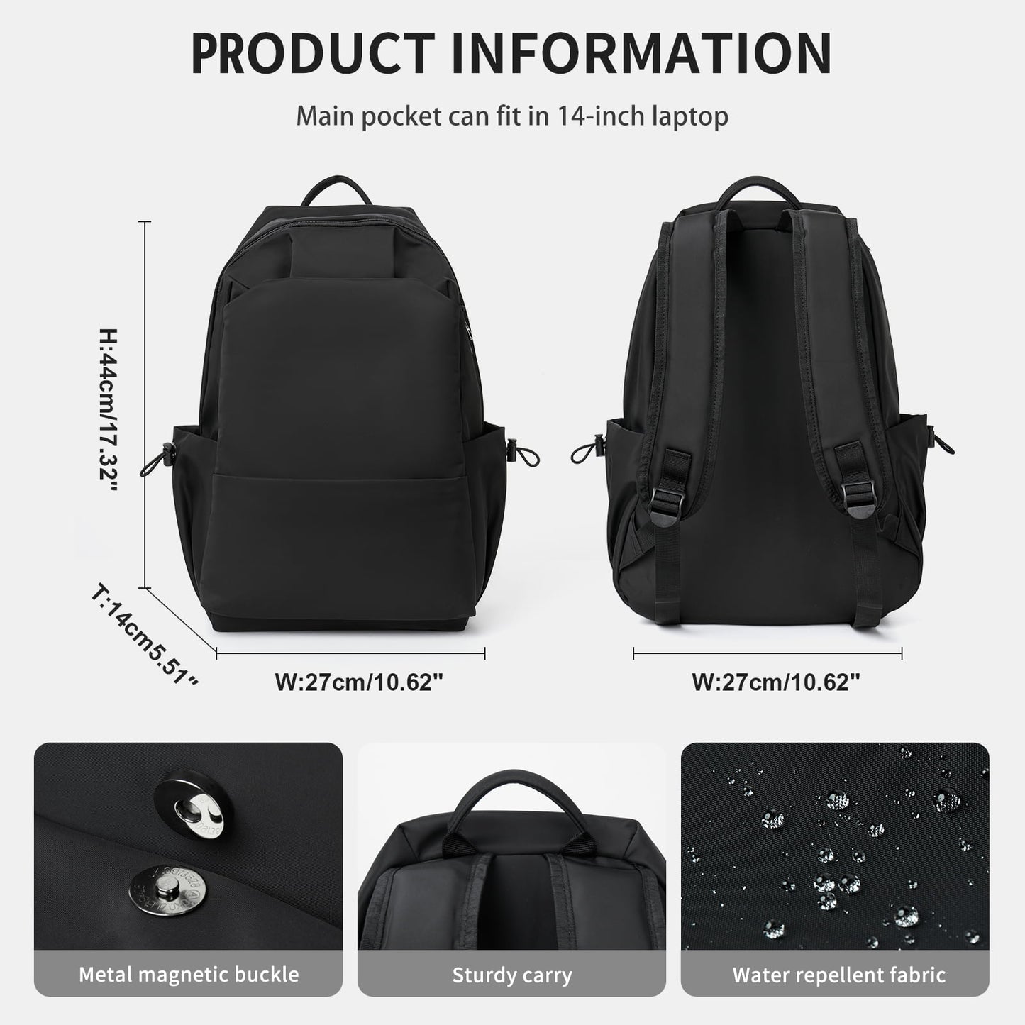 BJLFS Unisex Lightweight Water-Resistant Backpack Black V1189-LWWAL-20260325-00066