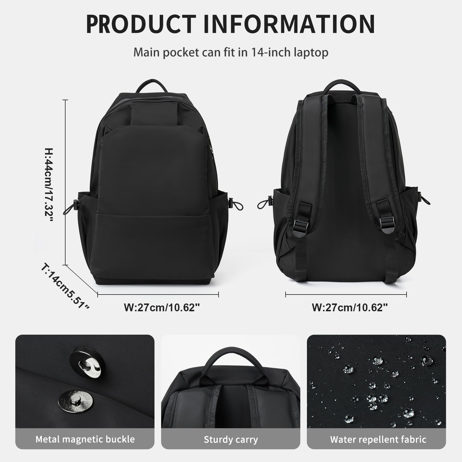 BJLFS Unisex Lightweight Water-Resistant Backpack Black V1189-LWWAL-20260325-00066