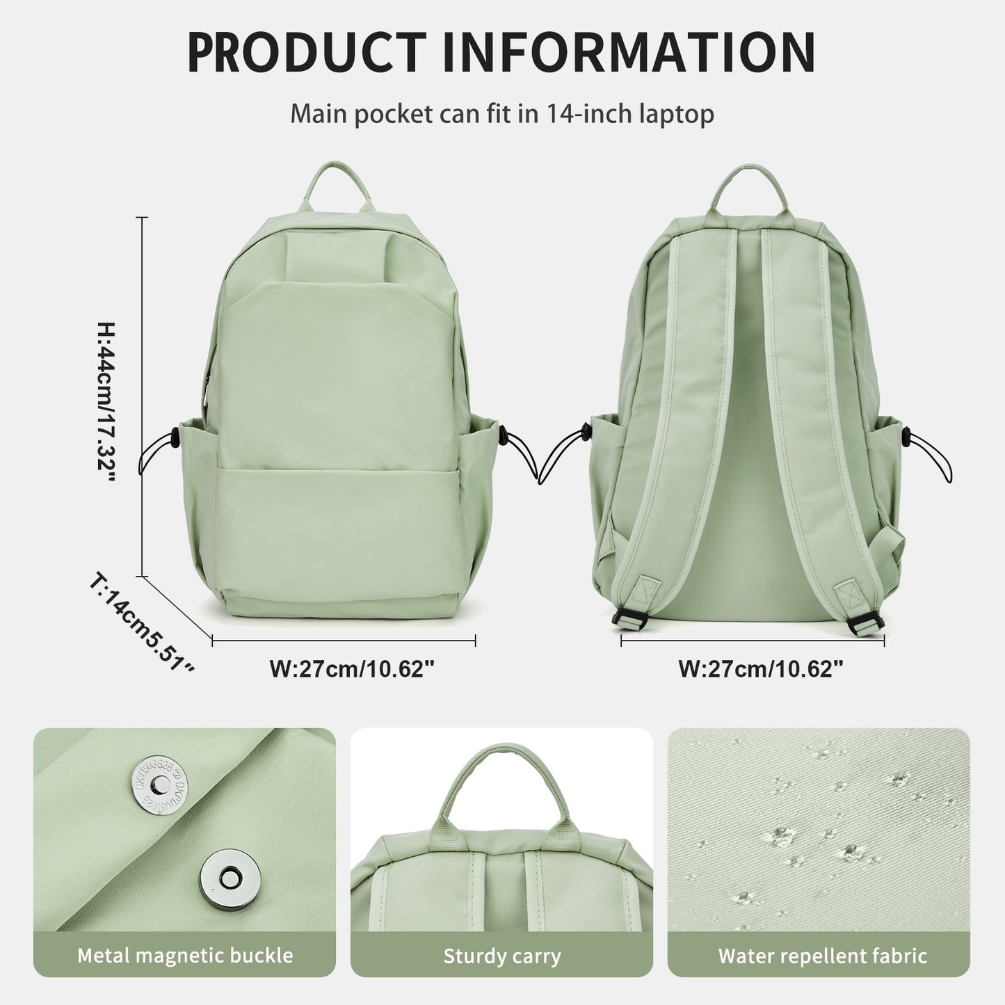 BJLFS Unisex Lightweight Water-Resistant Backpack, Black Light Green V1189-LWWAL-20260325-00069