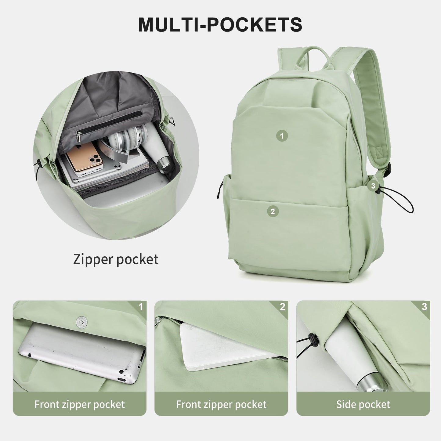 BJLFS Unisex Lightweight Water-Resistant Backpack, Black Light Green V1189-LWWAL-20260325-00069