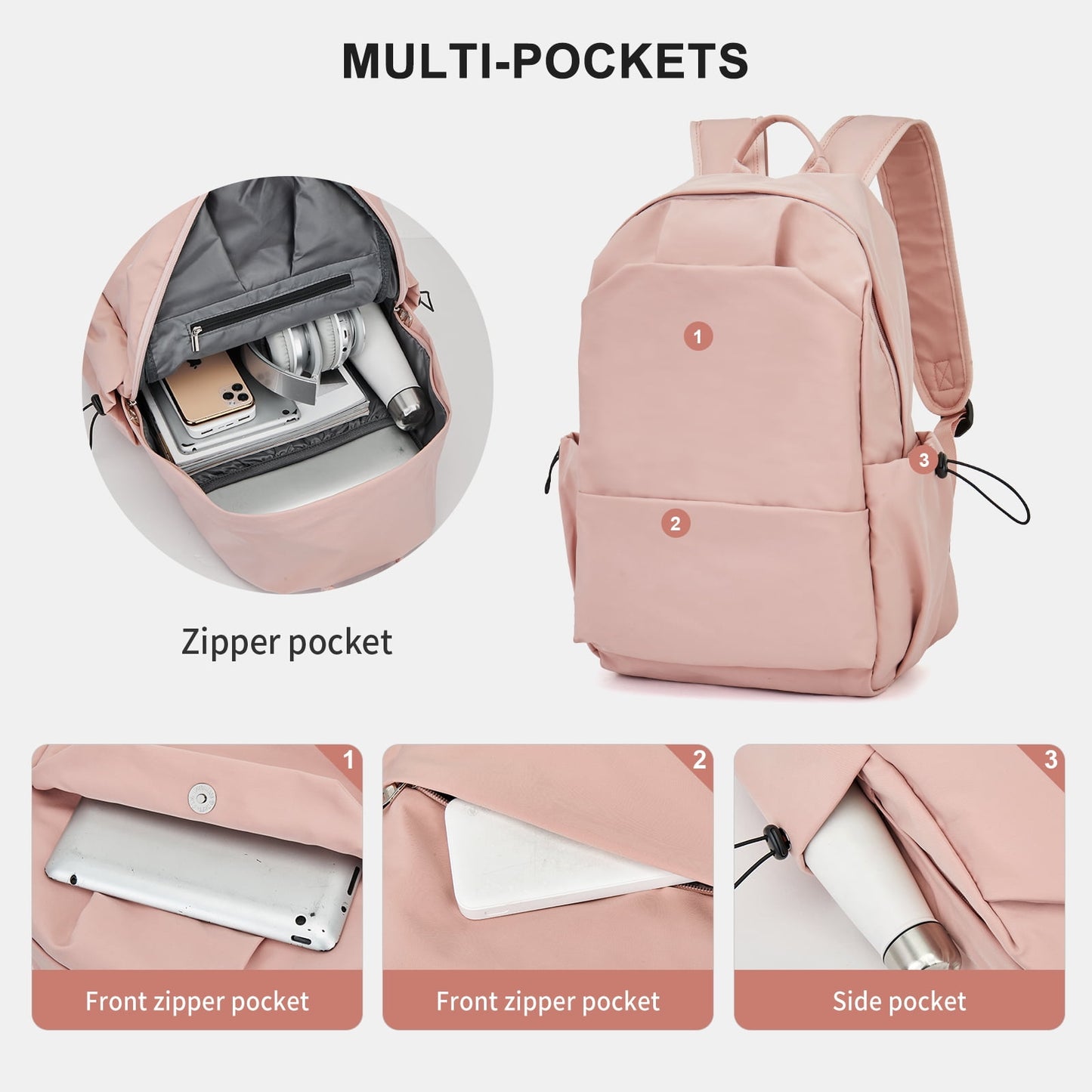 BJLFS Unisex Lightweight Water-Resistant Backpack, Black Pink V1189-LWWAL-20260325-00070