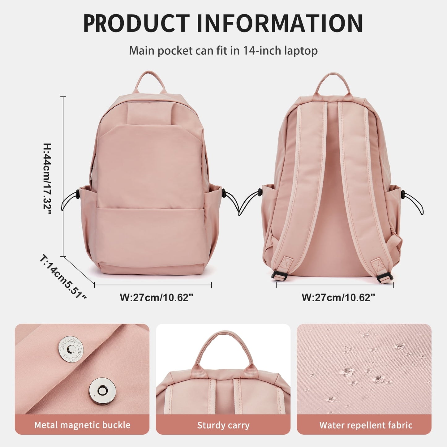 BJLFS Unisex Lightweight Water-Resistant Backpack, Black Pink V1189-LWWAL-20260325-00070