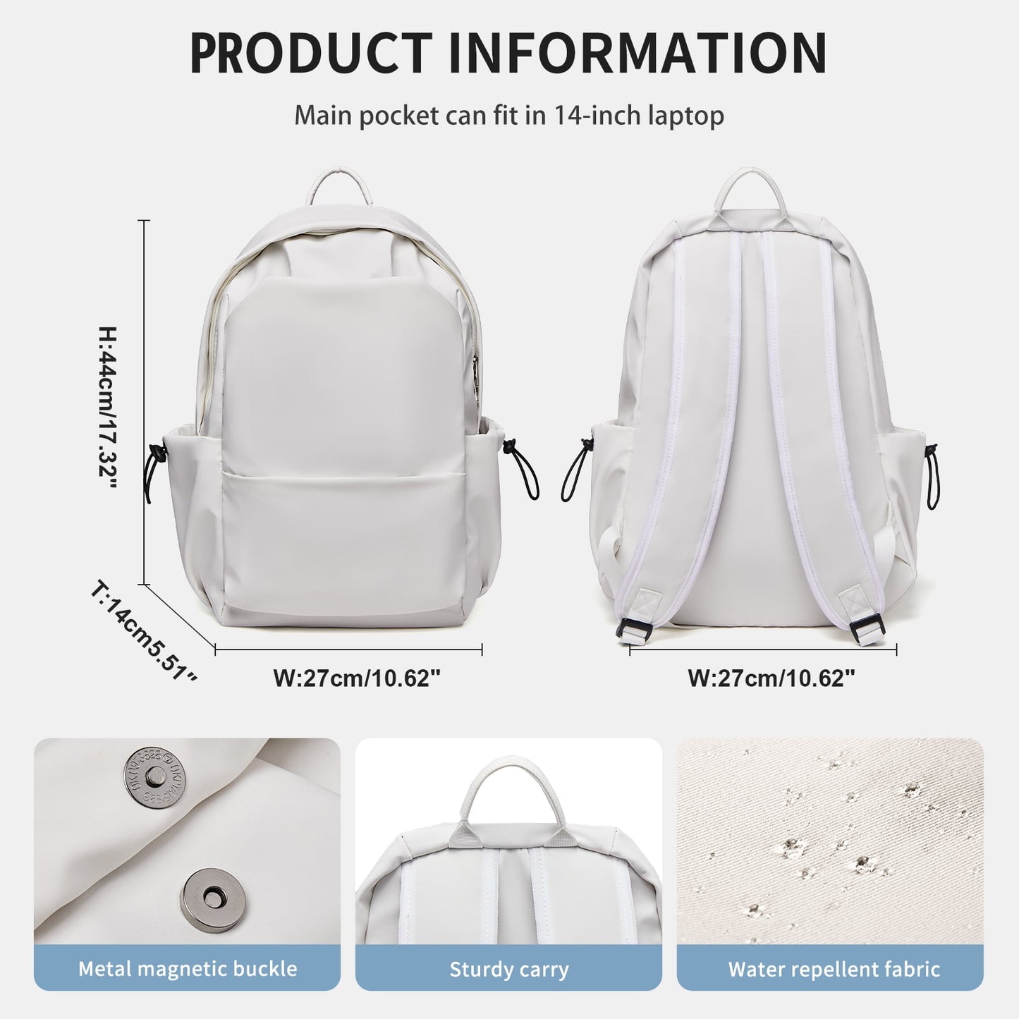 BJLFS Unisex Lightweight Water-Resistant Backpack, Black White V1189-LWWAL-20260325-00072