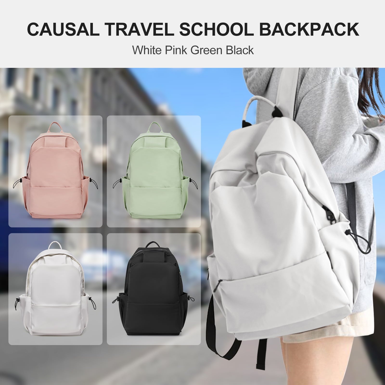 BJLFS Unisex Lightweight Water-Resistant Backpack, Black White V1189-LWWAL-20260325-00072