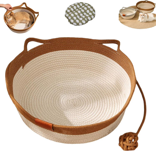 Cat Bed Rope Cotton, Cotton Rope Woven Round Cat Beds Basket with Built-in Teasing Ball, Handwoven Foldable V1189-LWWAL-20260325-00251-2