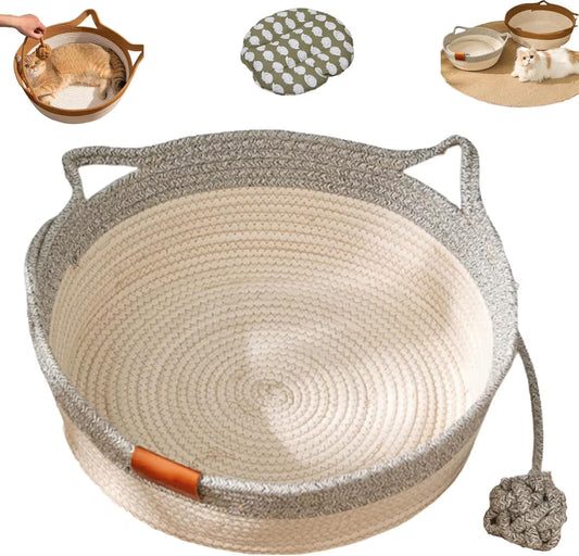 Cat Bed Rope Cotton, Cotton Rope Woven Round Cat Beds Basket with Built-in Teasing Ball, Handwoven Foldable V1189-LWWAL-20260325-00252