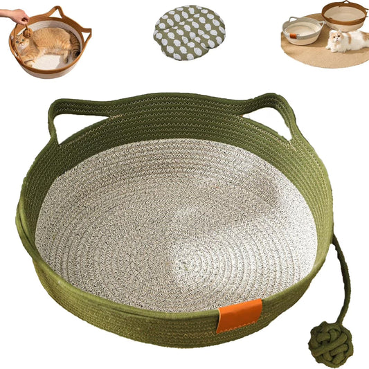 Cat Bed Rope Cotton, Cotton Rope Woven Round Cat Beds Basket with Built-in Teasing Ball, Handwoven Foldable V1189-LWWAL-20260325-00253-2