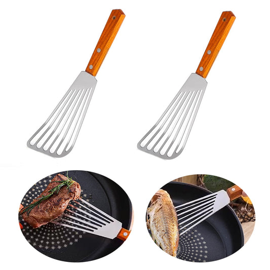 SPRING PARK 2Pcs/Set Wooden Handle Fish Spatula Stainless Steel Large Slotted Turner Heavy Spatula Nonstick V1189-LWWAL-20260325-00464