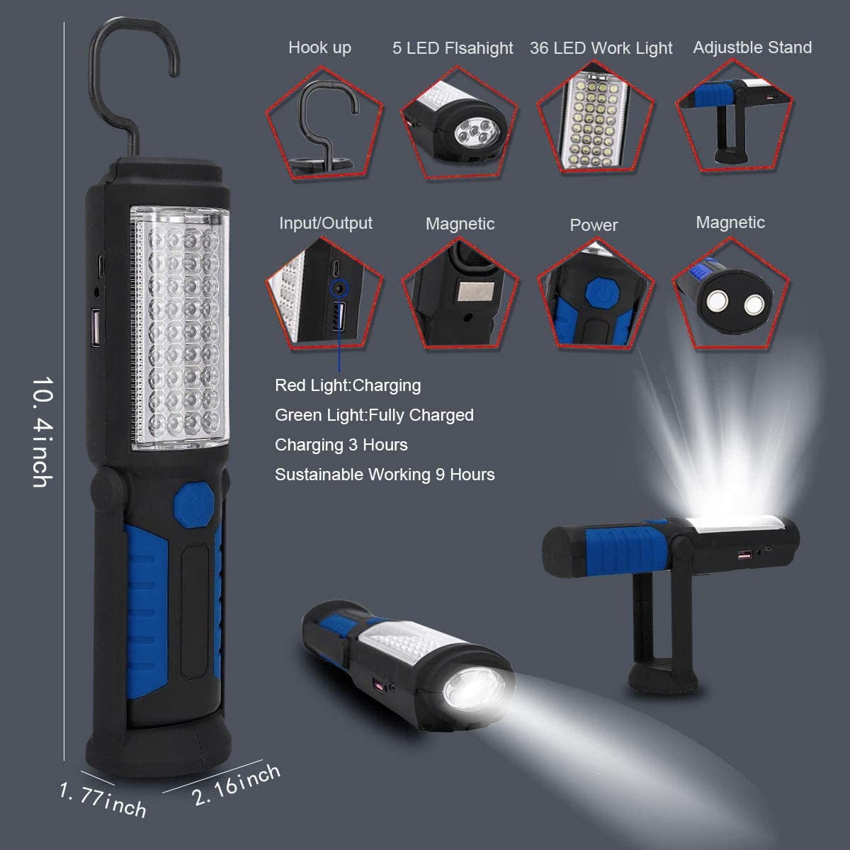 Rechargeable LED Work Light Portable Multi-use Flashlight, Magnetic Flashlight LED & Hanging Hook, V1189-LWWAL-20260325-00551