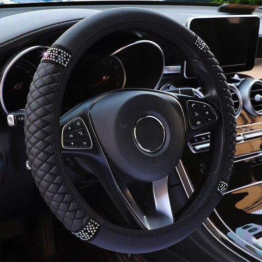 Universal Car Steering Wheel Cover 37-38cm Leather Embroidered Color Diamond-Studded Elastic Four Seasons V1189-LWWAL-20260325-00603