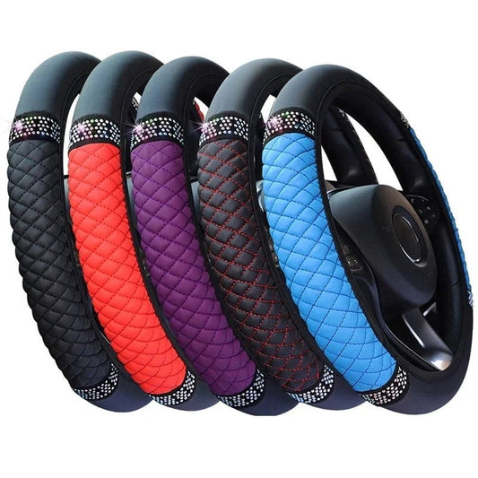 Universal Car Steering Wheel Cover 37-38cm Leather Embroidered Color Diamond-Studded Elastic Four Seasons V1189-LWWAL-20260325-00603