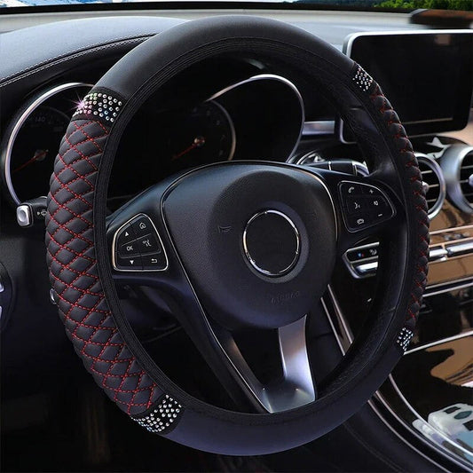 Universal Car Steering Wheel Cover 37-38cm Leather Embroidered Color Diamond-Studded Elastic Four Seasons V1189-LWWAL-20260325-00604