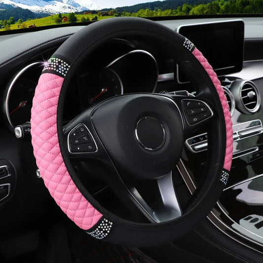 Universal Car Steering Wheel Cover 37-38cm Leather Embroidered Color Diamond-Studded Elastic Four Seasons V1189-LWWAL-20260325-00606