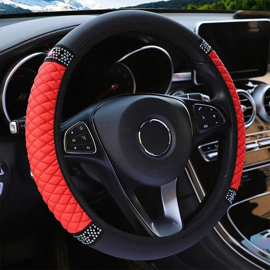 Universal Car Steering Wheel Cover 37-38cm Leather Embroidered Color Diamond-Studded Elastic Four Seasons V1189-LWWAL-20260325-00607