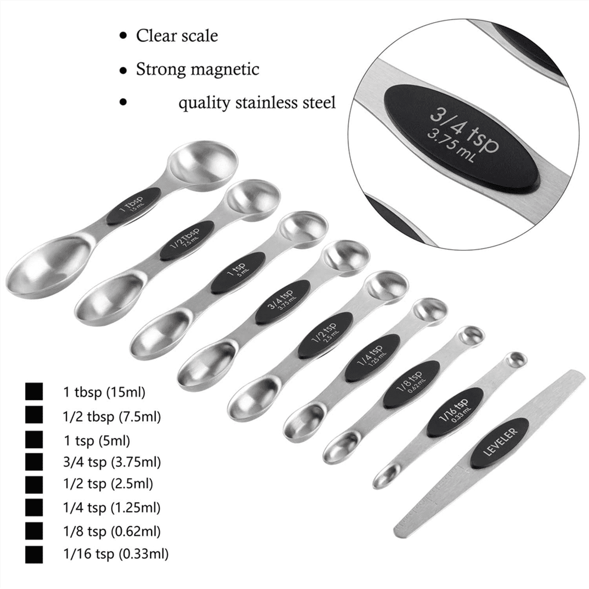16Pc Magnetic Stainless Steel Measuring Cups & Spoons Set, 7 Heavy Duty Cups,8 Double Sided Spoons with V1189-LWWAL-20260325-00627