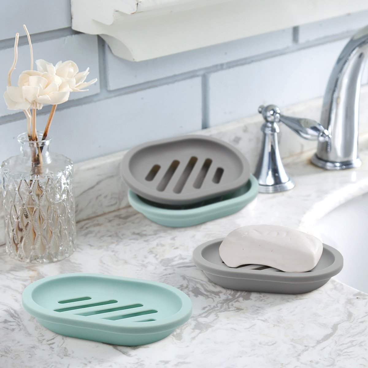 2-Pack Soap Dish with Drain, Soap Holder, Soap Saver, Easy Cleaning, Dry, Stop Mushy Soap (Gray) Green V1189-LWWAL-20260325-00631