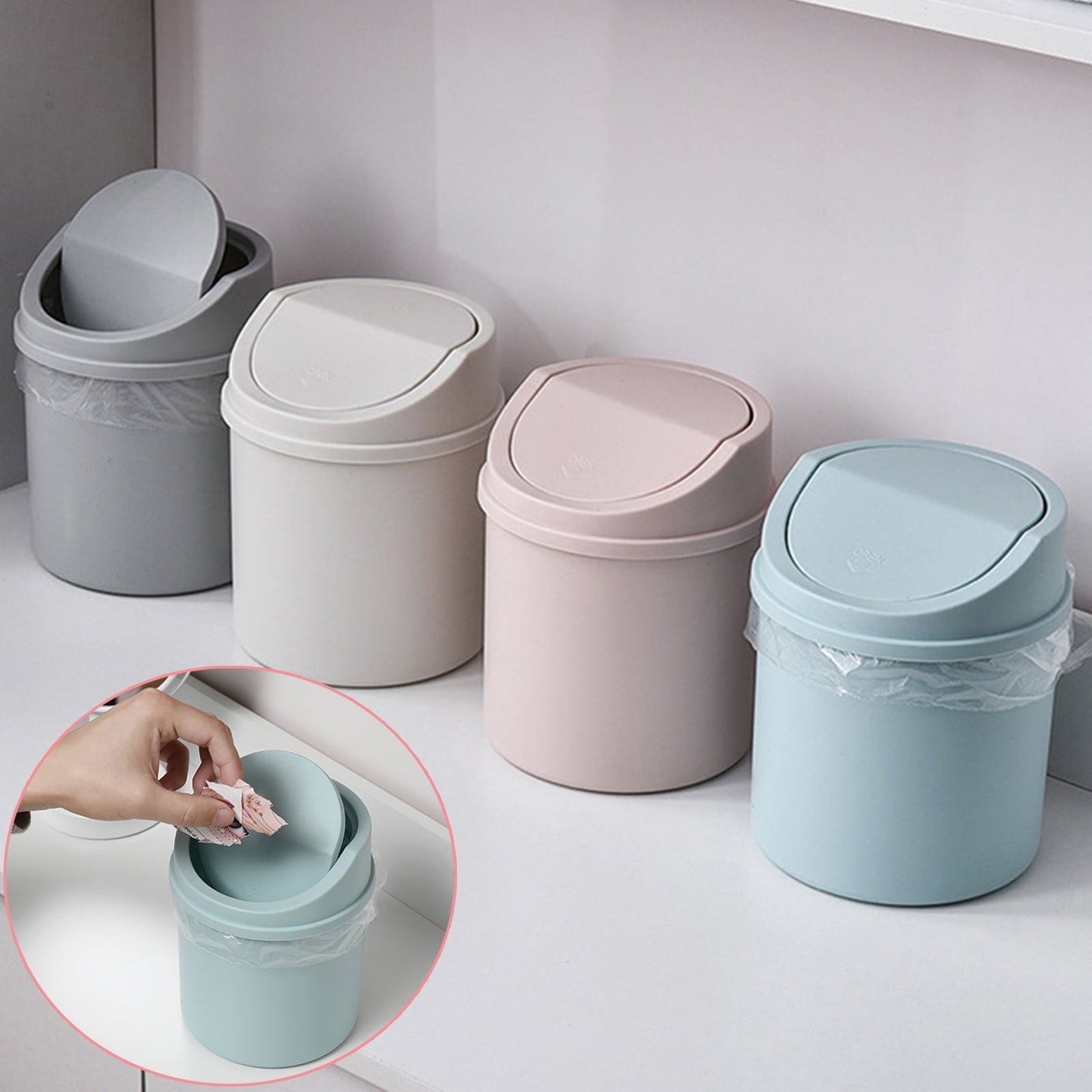 Walbest Desktop Mini Cute Trash Can with Swing Lid, Space Saving PP Plastic Cylindrical Tiny Garbage Can, V1189-LWWAL-20260325-00677